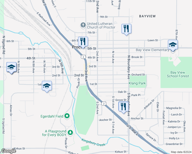 map of restaurants, bars, coffee shops, grocery stores, and more near 209 1st Street in Proctor