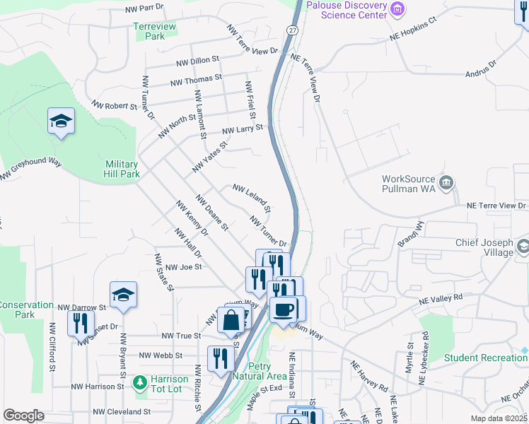 map of restaurants, bars, coffee shops, grocery stores, and more near 1516 Northwest Leland Street in Pullman