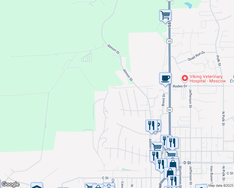 map of restaurants, bars, coffee shops, grocery stores, and more near 1009 North Almon Street in Moscow