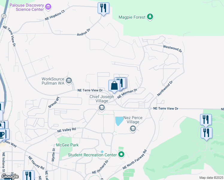 map of restaurants, bars, coffee shops, grocery stores, and more near 1920 Northeast Terre View Drive in Pullman