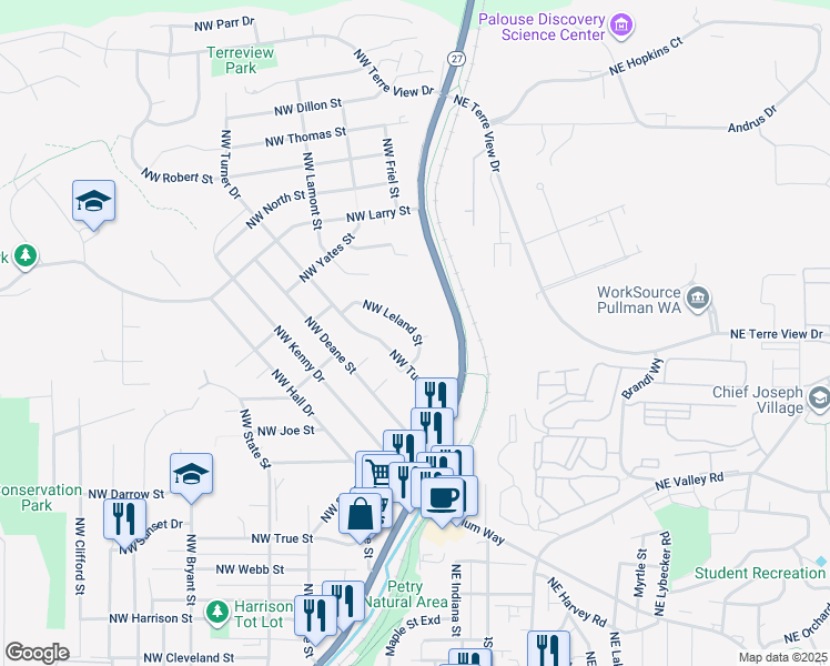 map of restaurants, bars, coffee shops, grocery stores, and more near 1516 Northwest Leland Street in Pullman