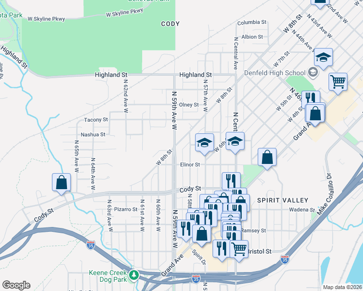 map of restaurants, bars, coffee shops, grocery stores, and more near 813 North 59th Avenue West in Duluth