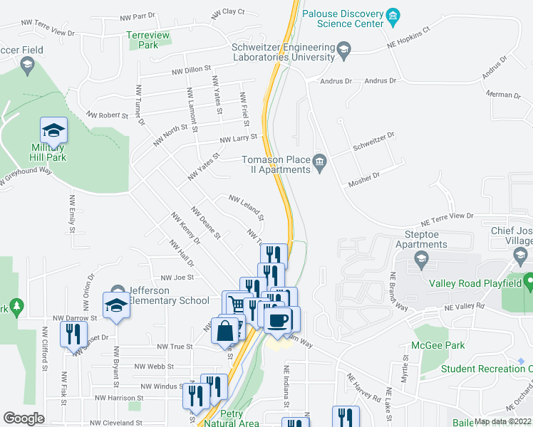 map of restaurants, bars, coffee shops, grocery stores, and more near 1516 Northwest Leland Street in Pullman