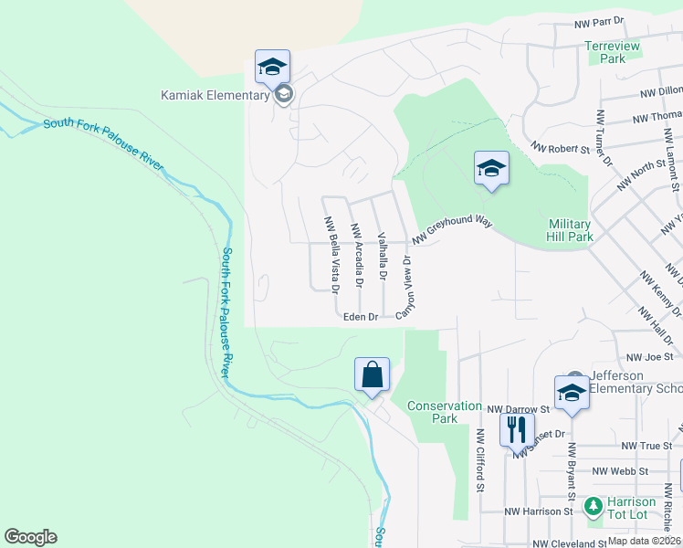 map of restaurants, bars, coffee shops, grocery stores, and more near 1700 Bella Vista Drive in Pullman