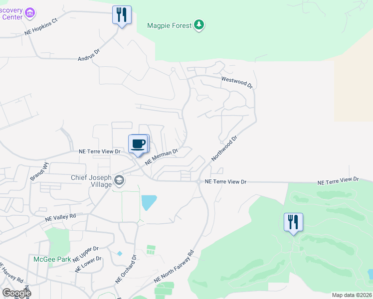 map of restaurants, bars, coffee shops, grocery stores, and more near 2024 Northeast Terre View Drive in Pullman
