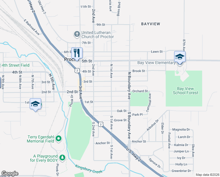 map of restaurants, bars, coffee shops, grocery stores, and more near 101 2nd Street in Proctor