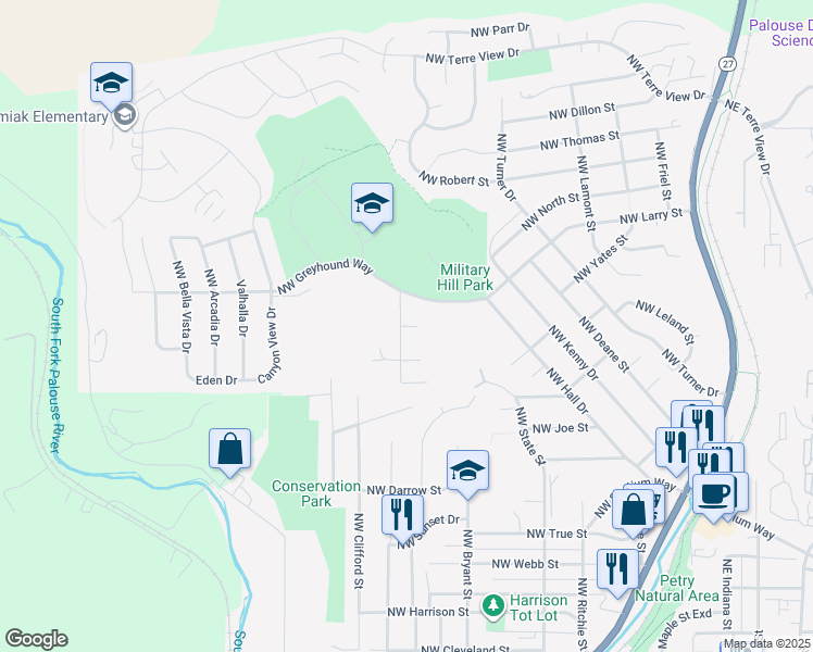 map of restaurants, bars, coffee shops, grocery stores, and more near Jaycee Court in Pullman