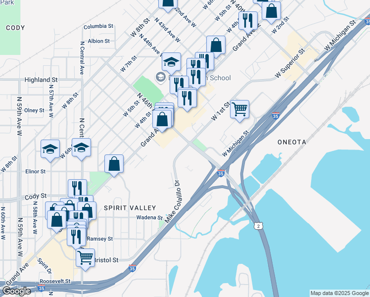 map of restaurants, bars, coffee shops, grocery stores, and more near 4628 Mike Colalillo Drive in Duluth