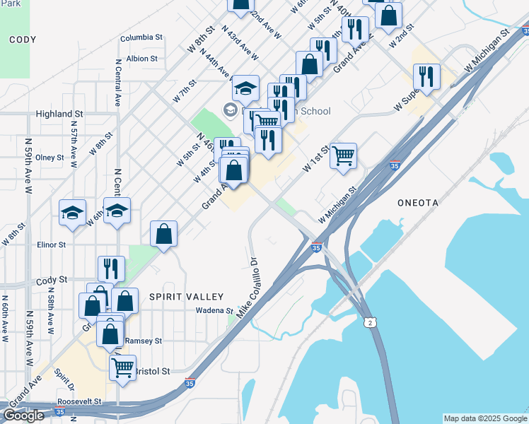 map of restaurants, bars, coffee shops, grocery stores, and more near 1-99 N 46th Avenue West in Duluth