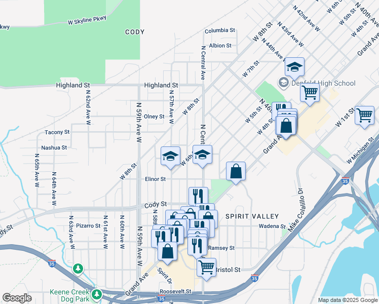 map of restaurants, bars, coffee shops, grocery stores, and more near 5525 West 6th Street in Duluth