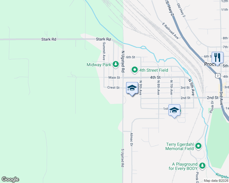 map of restaurants, bars, coffee shops, grocery stores, and more near 30 Crest Street in Proctor