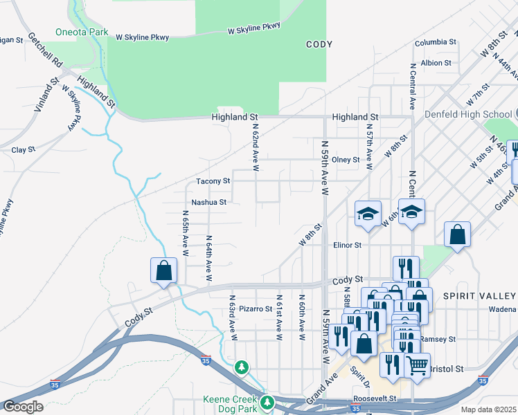 map of restaurants, bars, coffee shops, grocery stores, and more near 6124 Nashua Street in Duluth