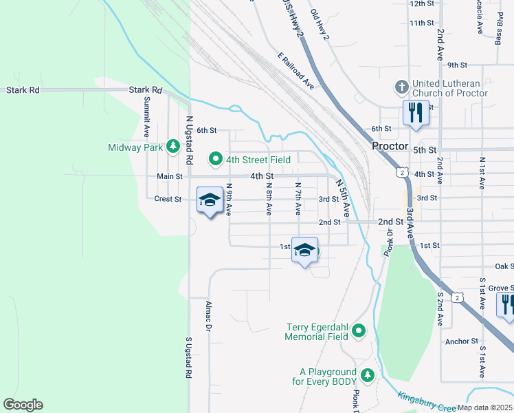 map of restaurants, bars, coffee shops, grocery stores, and more near 808 3rd Street in Proctor