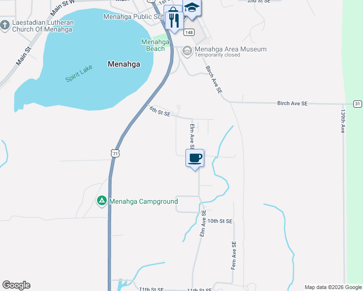 map of restaurants, bars, coffee shops, grocery stores, and more near 734 Cedar Avenue Southeast in Menahga