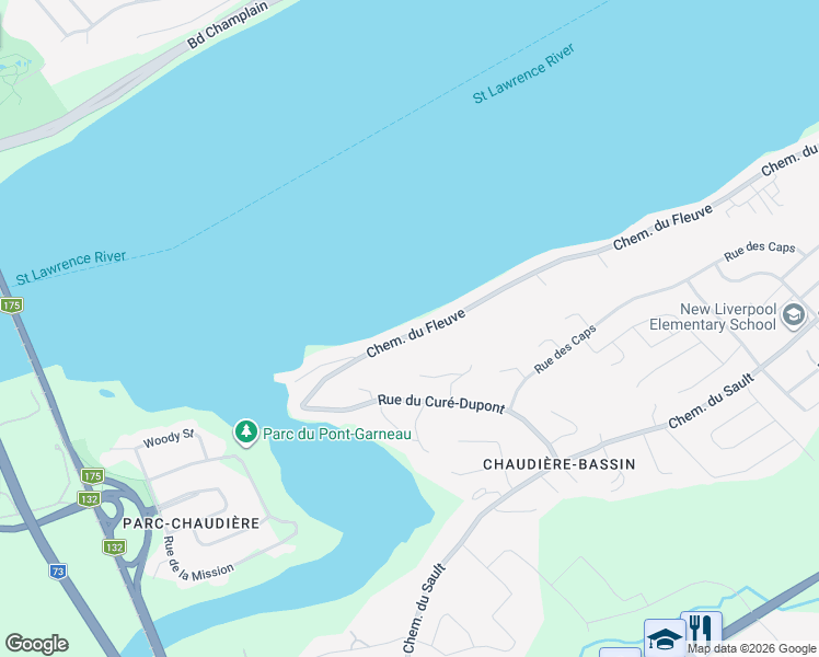 map of restaurants, bars, coffee shops, grocery stores, and more near 1337 Chemin du Fleuve in Lévis