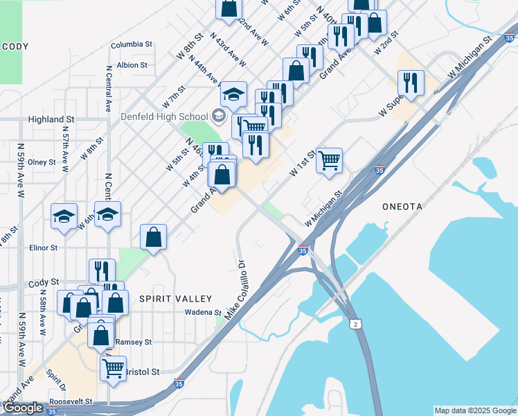 map of restaurants, bars, coffee shops, grocery stores, and more near 99 N 46th Avenue West in Duluth