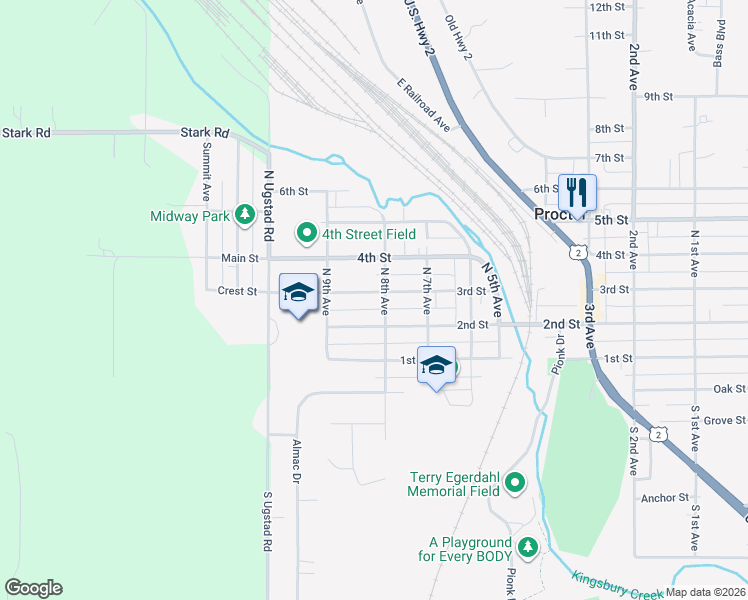 map of restaurants, bars, coffee shops, grocery stores, and more near 808 3rd Street in Proctor