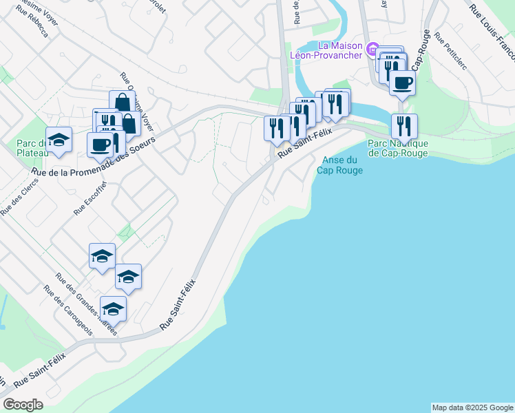 map of restaurants, bars, coffee shops, grocery stores, and more near 27 Chemin de la Plage Saint Laurent in Ville de Québec