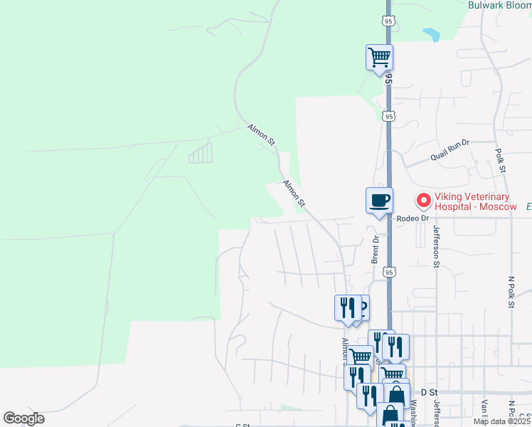 map of restaurants, bars, coffee shops, grocery stores, and more near 1009 North Almon Street in Moscow