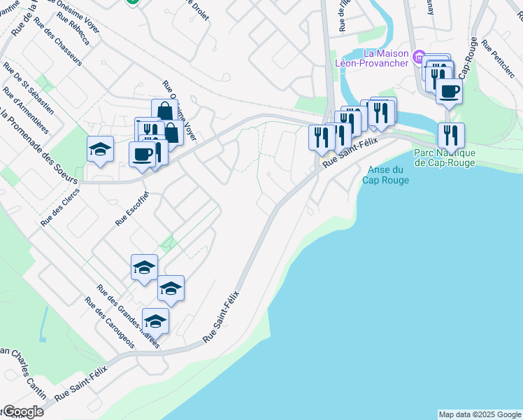 map of restaurants, bars, coffee shops, grocery stores, and more near Rue Maires Lessard in Québec
