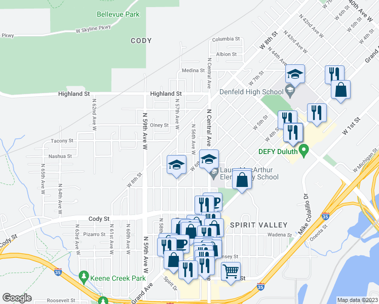 map of restaurants, bars, coffee shops, grocery stores, and more near 901 North 56th Avenue West in Duluth