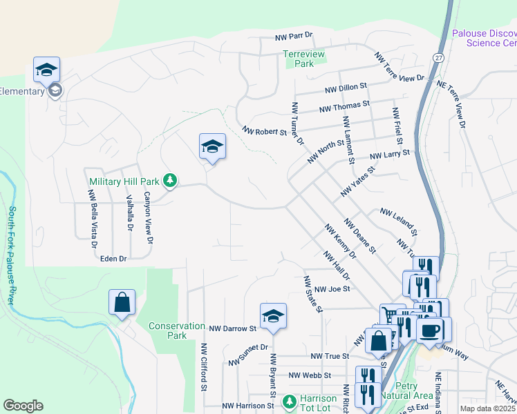 map of restaurants, bars, coffee shops, grocery stores, and more near Jaycee Ct in Pullman
