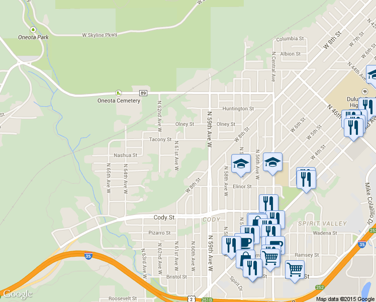 map of restaurants, bars, coffee shops, grocery stores, and more near 6011 Nashua Street in Duluth