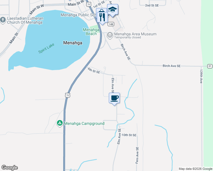 map of restaurants, bars, coffee shops, grocery stores, and more near 734 Cedar Avenue Southeast in Menahga