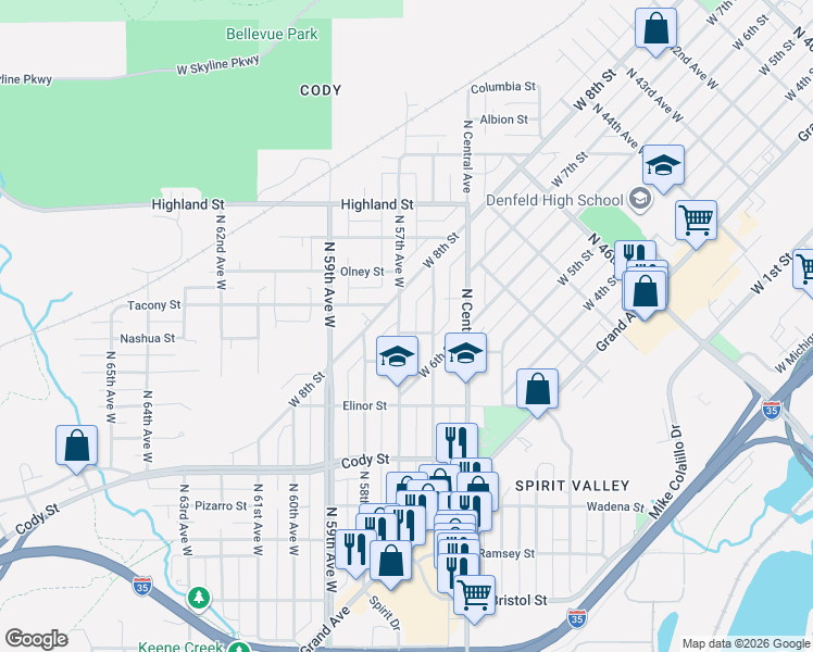 map of restaurants, bars, coffee shops, grocery stores, and more near 820 North 57th Avenue West in Duluth