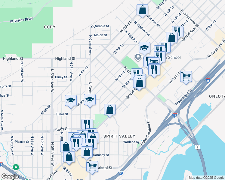 map of restaurants, bars, coffee shops, grocery stores, and more near 4710 West 5th Street in Duluth