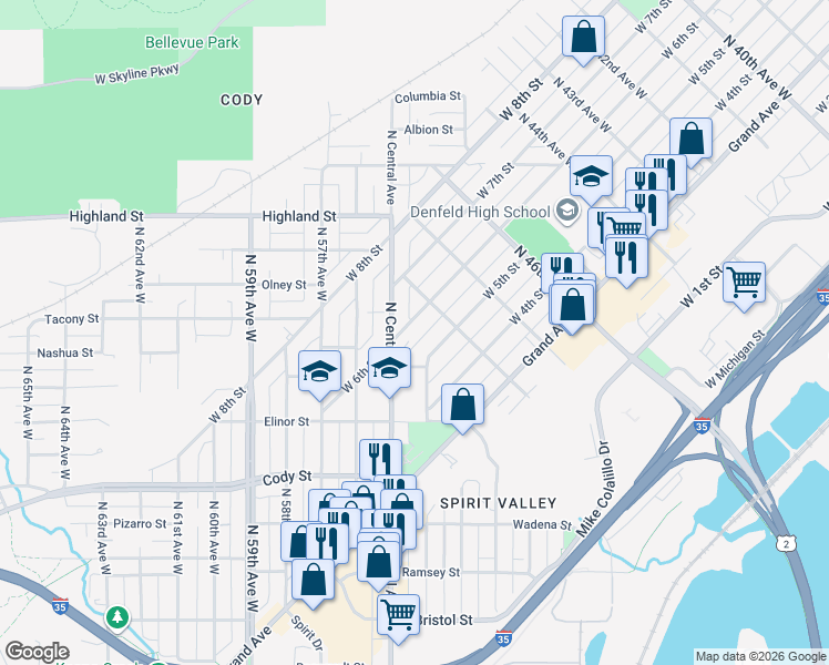 map of restaurants, bars, coffee shops, grocery stores, and more near 1006 North Central Avenue in Duluth