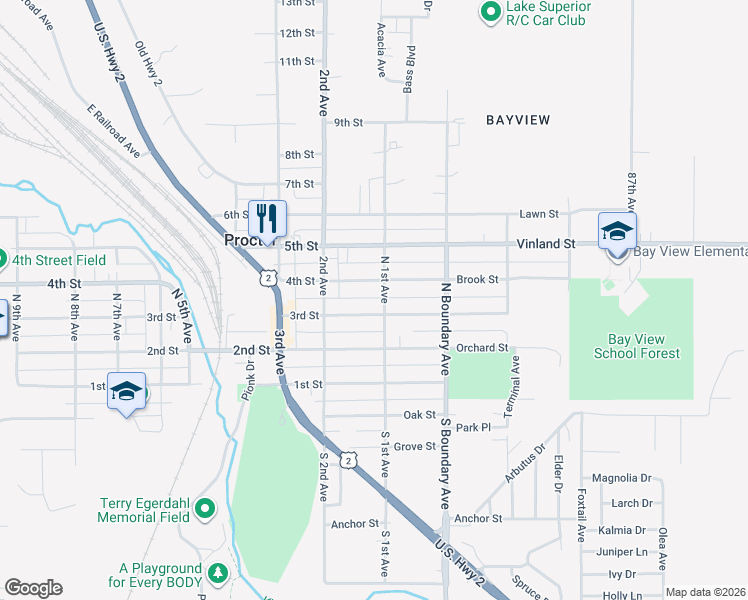 map of restaurants, bars, coffee shops, grocery stores, and more near 101 4th Street in Proctor