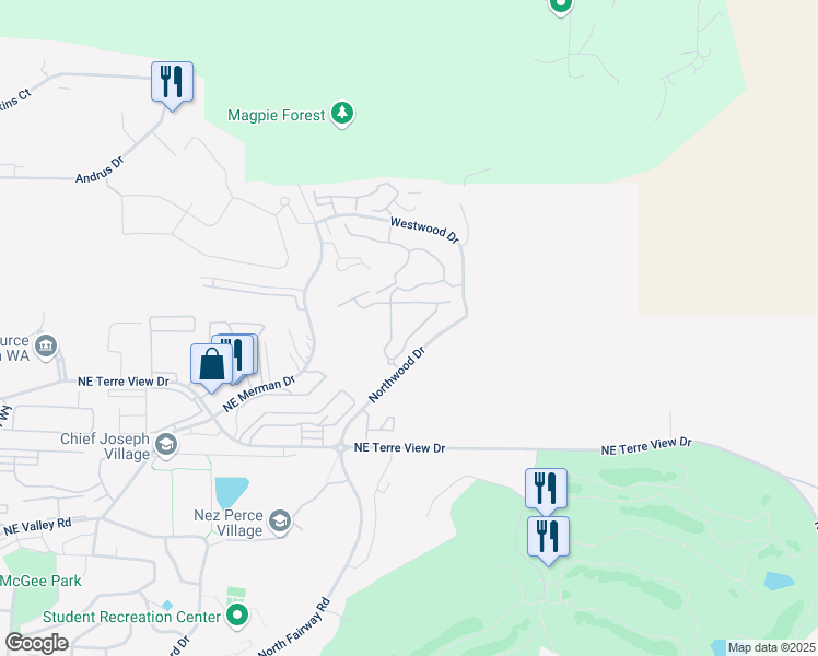 map of restaurants, bars, coffee shops, grocery stores, and more near 2290 Westwood Drive in Pullman