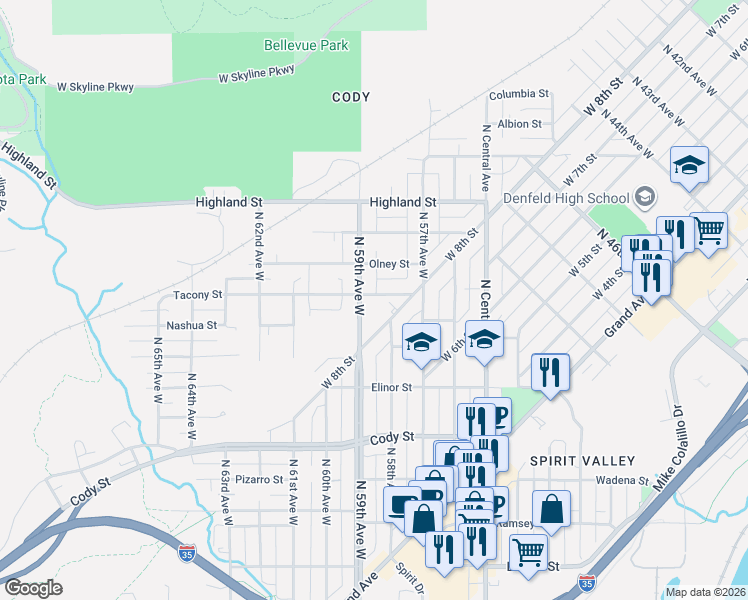 map of restaurants, bars, coffee shops, grocery stores, and more near 1003 North 59th Avenue West in Duluth