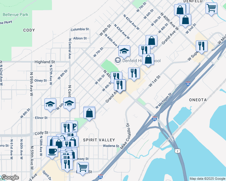 map of restaurants, bars, coffee shops, grocery stores, and more near 4601 Grand Avenue in Duluth