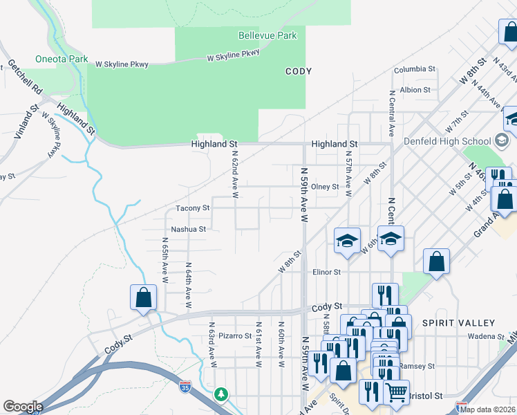 map of restaurants, bars, coffee shops, grocery stores, and more near 1000 North 61st Avenue West in Duluth