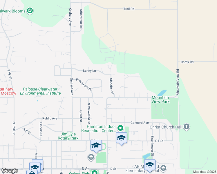 map of restaurants, bars, coffee shops, grocery stores, and more near 1021 Slonaker Drive in Moscow