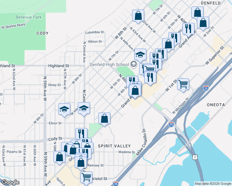 map of restaurants, bars, coffee shops, grocery stores, and more near 4625 West 4th Street in Duluth