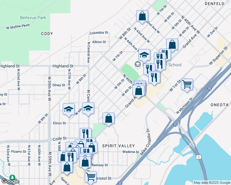 map of restaurants, bars, coffee shops, grocery stores, and more near 4710 West 5th Street in Duluth