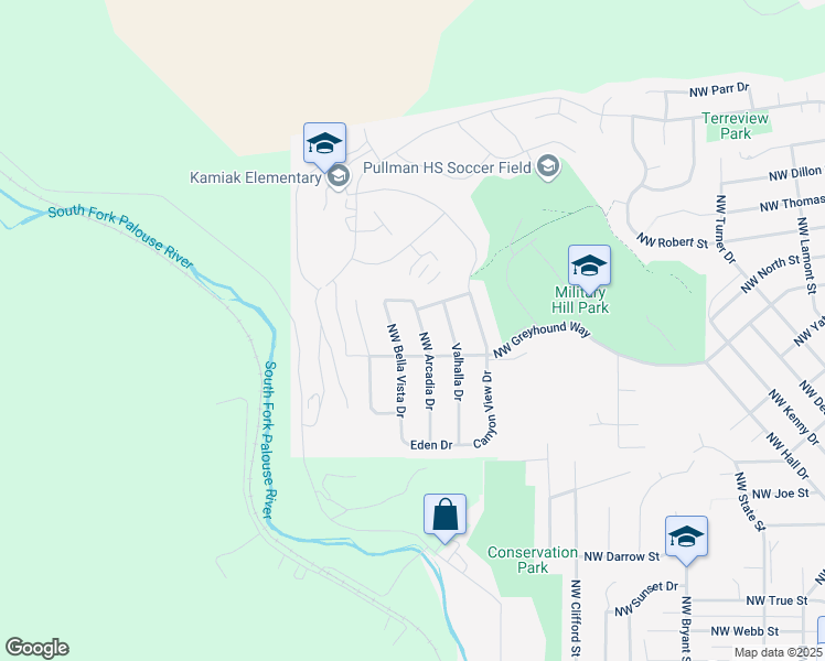 map of restaurants, bars, coffee shops, grocery stores, and more near 1945 Northwest Arcadia Drive in Pullman