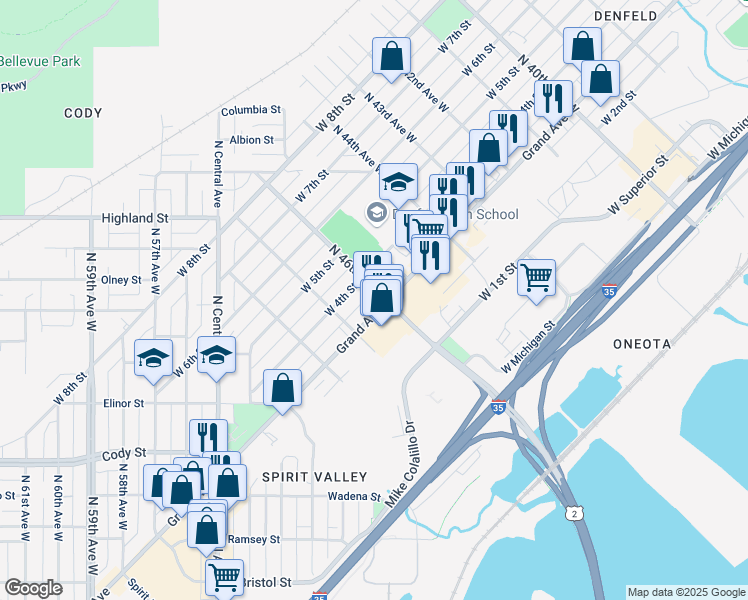 map of restaurants, bars, coffee shops, grocery stores, and more near 4601 Grand Avenue in Duluth