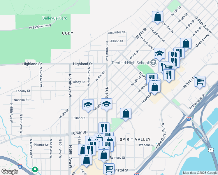 map of restaurants, bars, coffee shops, grocery stores, and more near 1006 North Central Avenue in Duluth