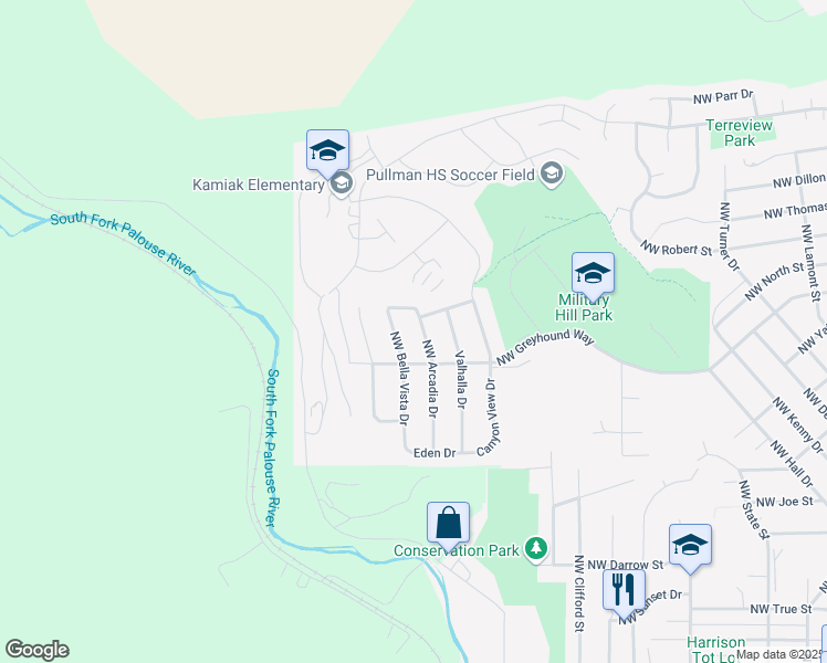 map of restaurants, bars, coffee shops, grocery stores, and more near 1945 Northwest Arcadia Drive in Pullman