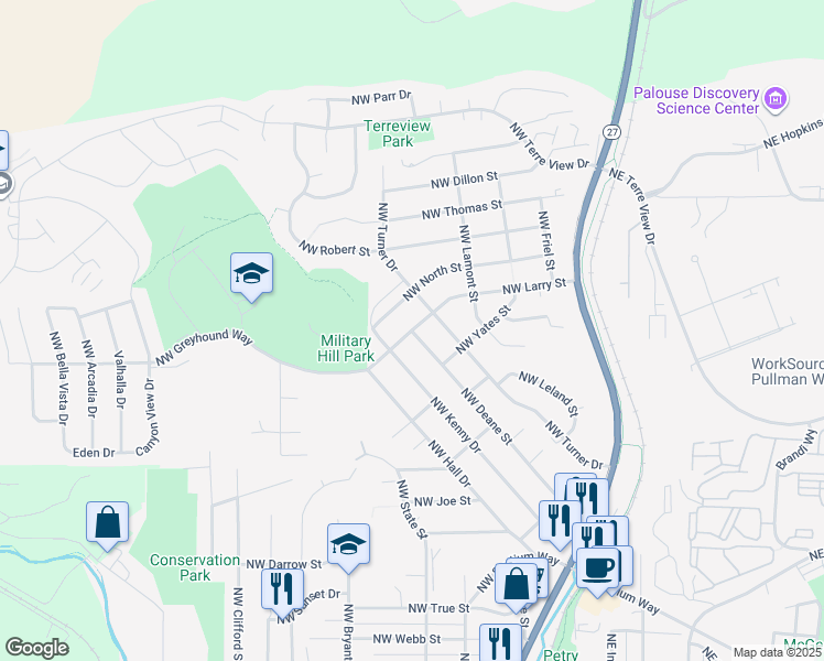 map of restaurants, bars, coffee shops, grocery stores, and more near 425 Northwest Larry Street in Pullman