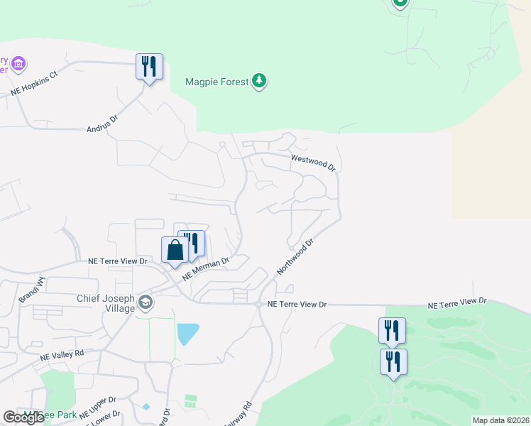 map of restaurants, bars, coffee shops, grocery stores, and more near 1620 Northwood Drive in Pullman