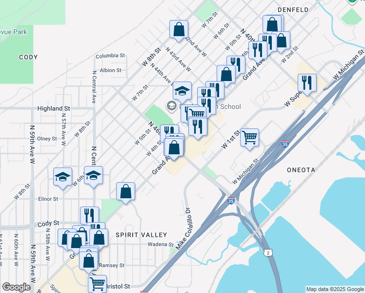 map of restaurants, bars, coffee shops, grocery stores, and more near 4532 Grand Avenue in Duluth