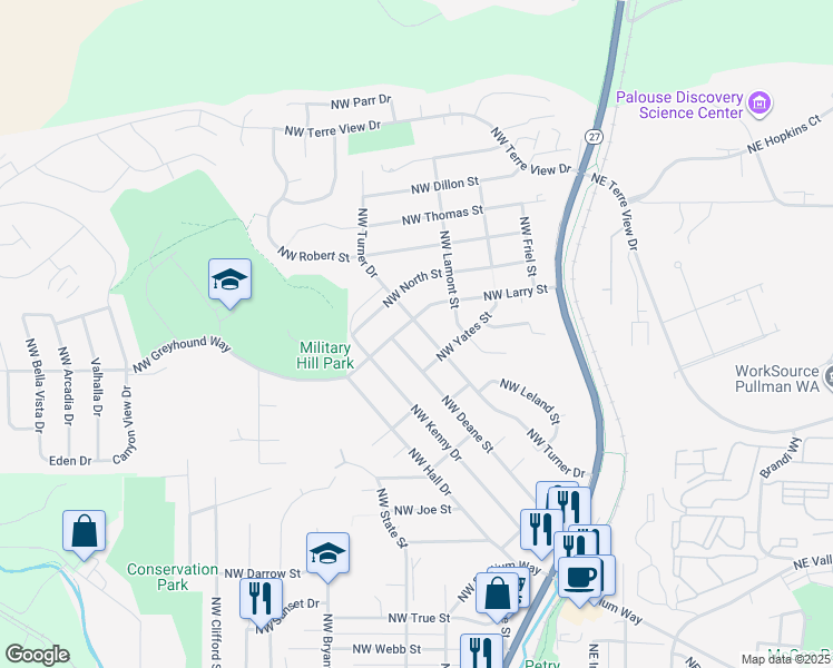 map of restaurants, bars, coffee shops, grocery stores, and more near 425 Northwest Larry Street in Pullman