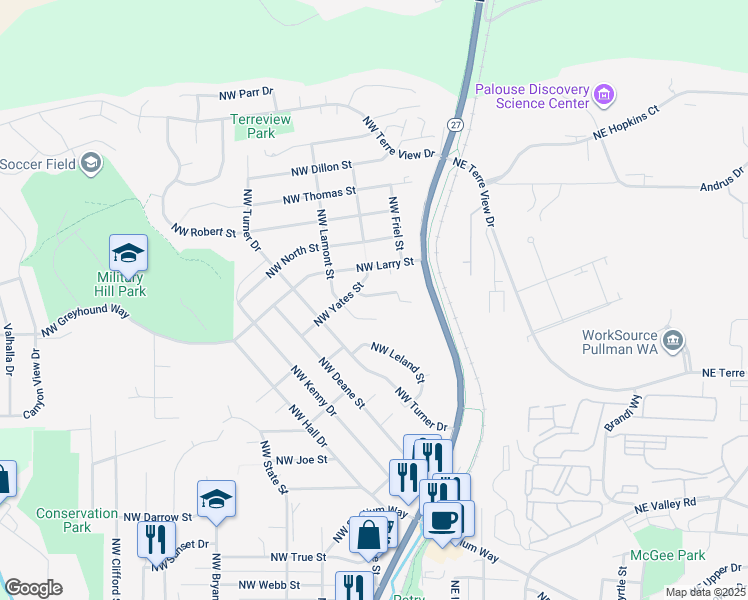 map of restaurants, bars, coffee shops, grocery stores, and more near 213-215 Northwest Ann Street in Pullman