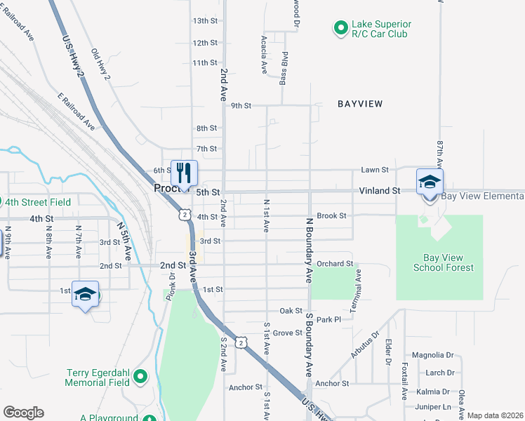 map of restaurants, bars, coffee shops, grocery stores, and more near 101 4th Street in Proctor
