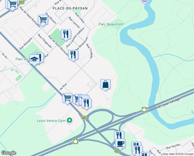 map of restaurants, bars, coffee shops, grocery stores, and more near 745 Rue de Saint-Romuald in Lévis